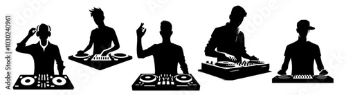 DJ silhouette spinning records on turntables, black vector