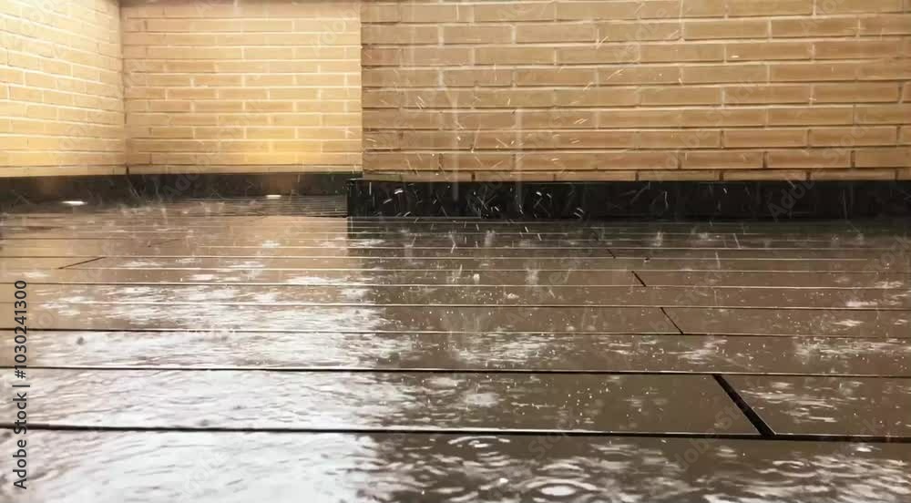Vídeo de las gotas de lluvia golpeando el suelo. Gotas de lluvia rebotando en el suelo moderno de tablones de madera de un patio con paredes de ladrillo.