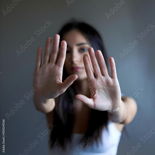 A young asian woman with long dark hair covering her face, making a stop gesture with her hands in front of her. INTERNATIONAL DAY FOR THE ELIMINATION OF VIOLENCE AGAINST WOMEN