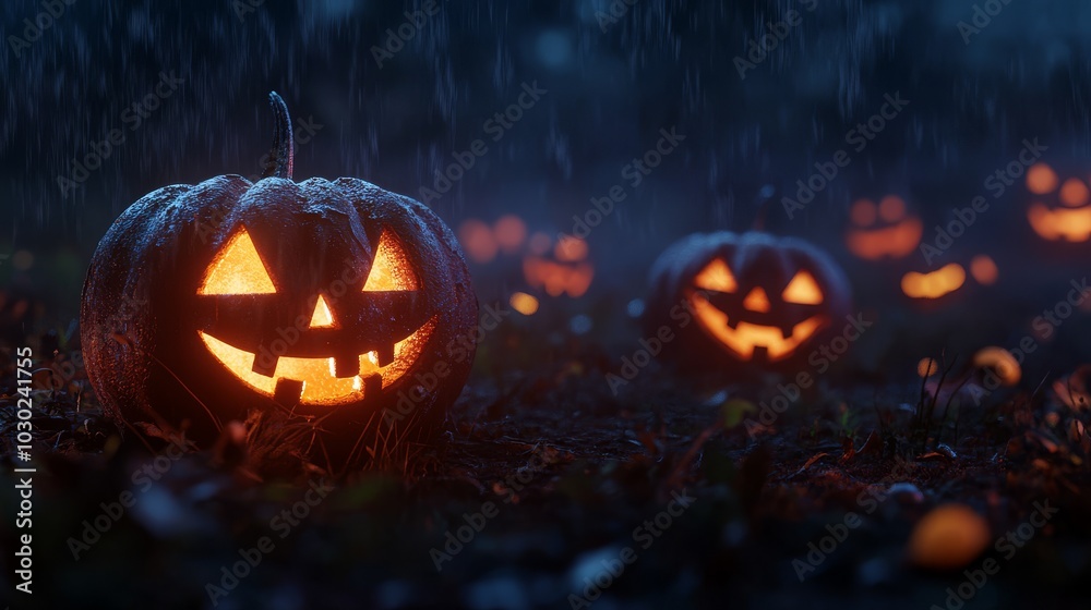 A spooky Halloween scene with pumpkins against a dark background. A spooky Halloween scene with pumpkins against a dark background.