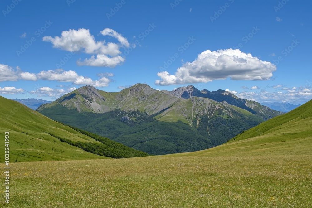 Naklejka premium Vast green valleys under a clear blue sky with majestic mountains in the background