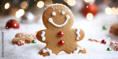 Festive Gingerbread Cookie Amid Snow and Lights