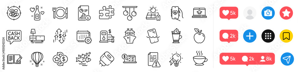 Dresser, Website education and Ship line icons pack. Social media icons. Charging adapter, Report, Loyalty points web icon. Filling station, Fish school, Online accounting pictogram. Vector Dresser, Website education and Ship line icons pack. Social media icons. Charging adapter, Report, Loyalty points web icon. Filling station, Fish school, Online accounting pictogram. Vector