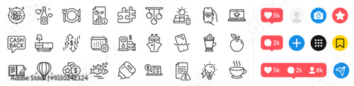Dresser, Website education and Ship line icons pack. Social media icons. Charging adapter, Report, Loyalty points web icon. Filling station, Fish school, Online accounting pictogram. Vector