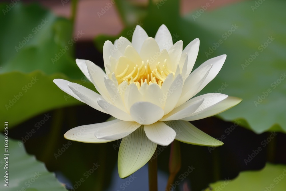 A beautiful white lotus flower blooming in serene waters surrounded by lush green leaves A beautiful white lotus flower blooming in serene waters surrounded by lush green leaves