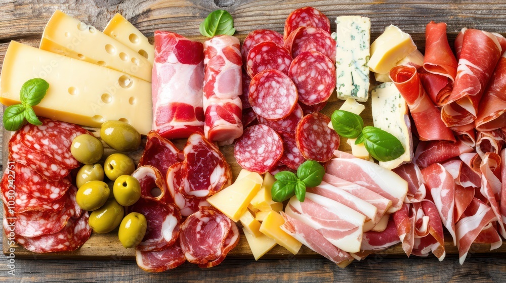 Assortment of Meats, Cheeses, and Olives on Wooden Board Assortment of Meats, Cheeses, and Olives on Wooden Board