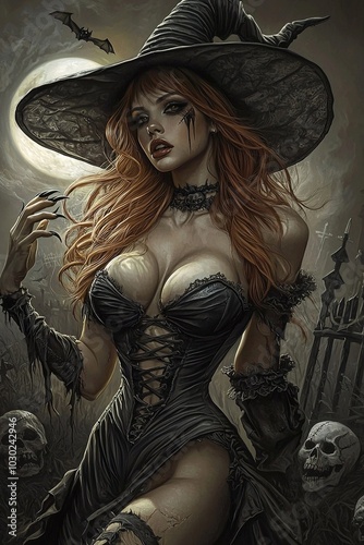 Sexy evil witch wearing corset and witches hat at cemetery. Skulls, skeletons and bats arround her. Generative Ai