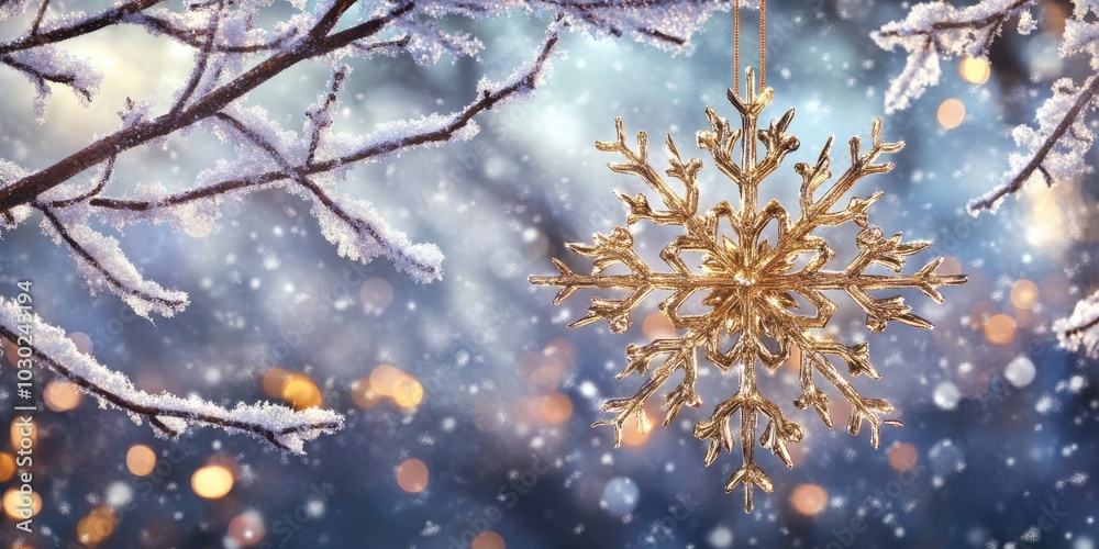 Hanging Golden Snowflake with Winter Glow Hanging Golden Snowflake with Winter Glow