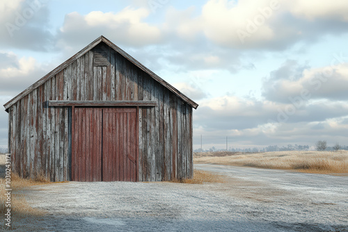 A rustic wooden barn stands alone on a frosty landscape under a cloudy sky.