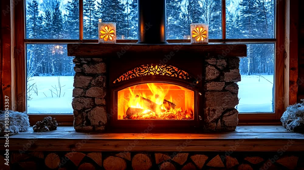 Stone fireplace with a cozy fire and snowy forest view through windows in a rustic cabin. Seamless looping 4k video background