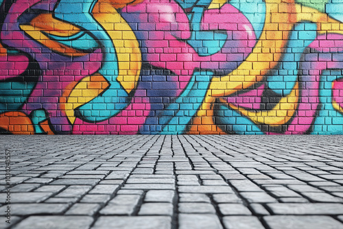 A vibrant, colorful graffiti mural on a brick wall, complemented by a textured stone pavement.