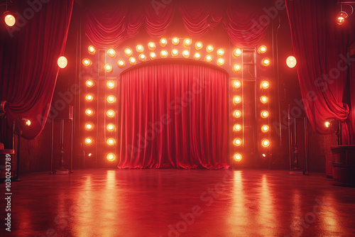 A vibrant theater stage with red curtains and bright lights, ready for a performance. photo