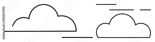 Two simple cloud shapes outlined with black lines. Ideal for weather icons, nature themes, minimalist designs, graphic design, educational materials, and websites. Modern style
