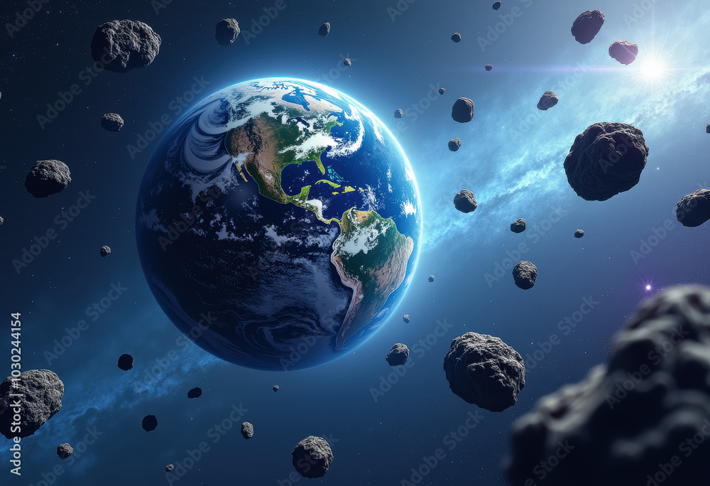 A detailed digital rendering of Earth from space with trailing asteroids and illuminated by the sun A detailed digital rendering of Earth from space with trailing asteroids and illuminated by the sun
