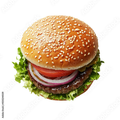 Top View Juicy burger Isolated Transparent, Generative AI 