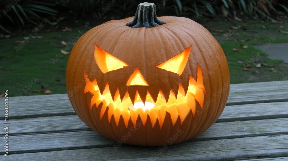 Fototapeta premium A Carved Jack-o'-Lantern with a Glowing Face