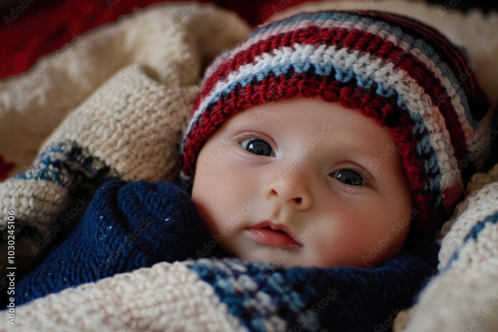 Cozy baby wrapped in a soft blanket, wearing a colorful hat, with curious eyes shining brightly Cozy baby wrapped in a soft blanket, wearing a colorful hat, with curious eyes shining brightly
