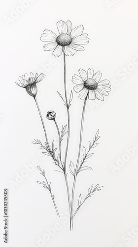 Сhamomile detailed hand drawn line art, botanical daisy flower, medicinal herbs, light clean background. Generative AI