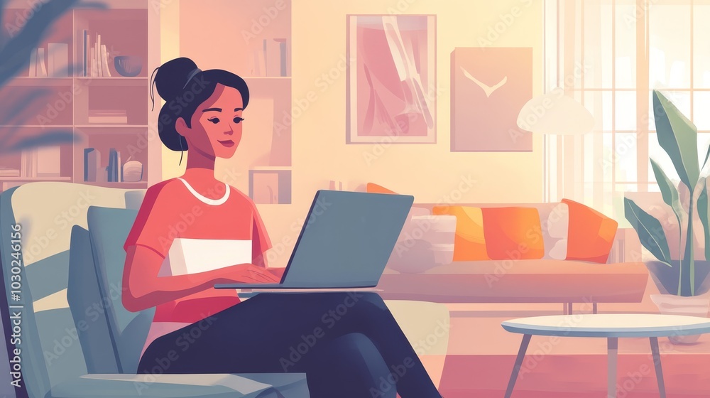 A woman working on a laptop in a cozy, well-lit living room. A woman working on a laptop in a cozy, well-lit living room.