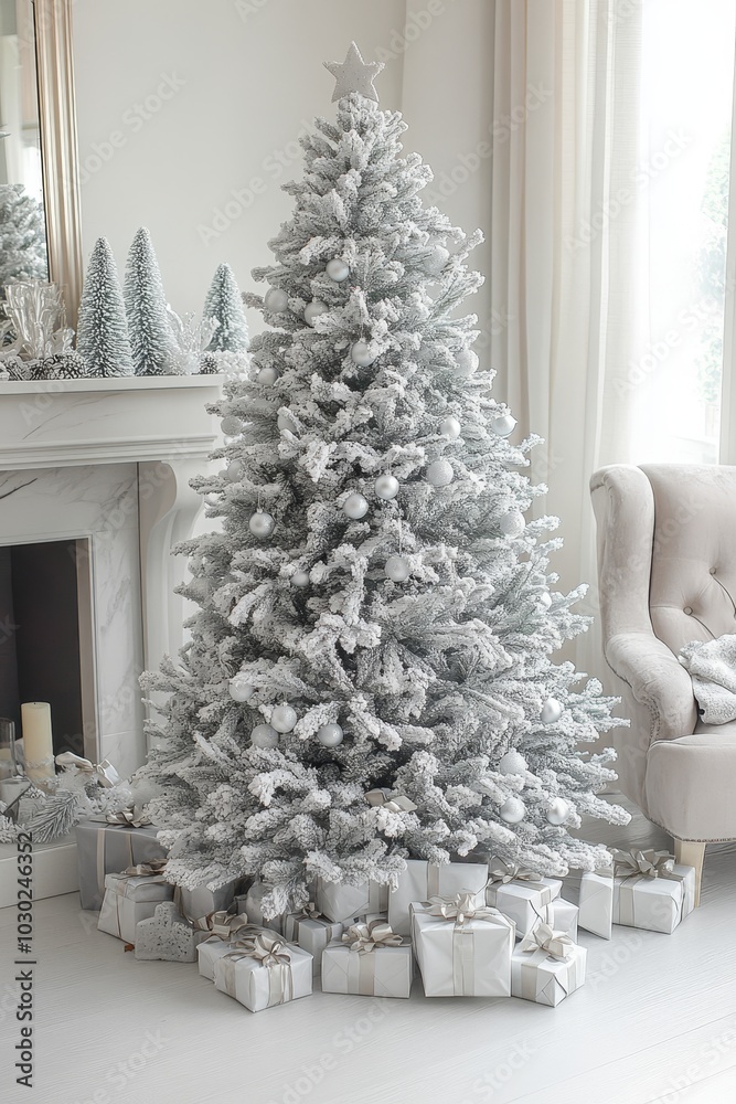 Elegant white Christmas tree with wrapped gifts. Winter holiday home decor in Scandinavian style. Elegant white Christmas tree with wrapped gifts. Winter holiday home decor in Scandinavian style.