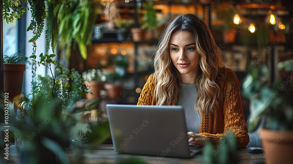 A woman is sitting at a table with a laptop in front of her A woman is sitting at a table with a laptop in front of her