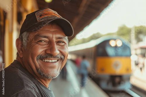 Smiling Hispanic Man at Train Station Captures Joyful Travel Moment