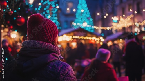 A family watching a live band perform Christmas carols, with the market aglow in festive lights.