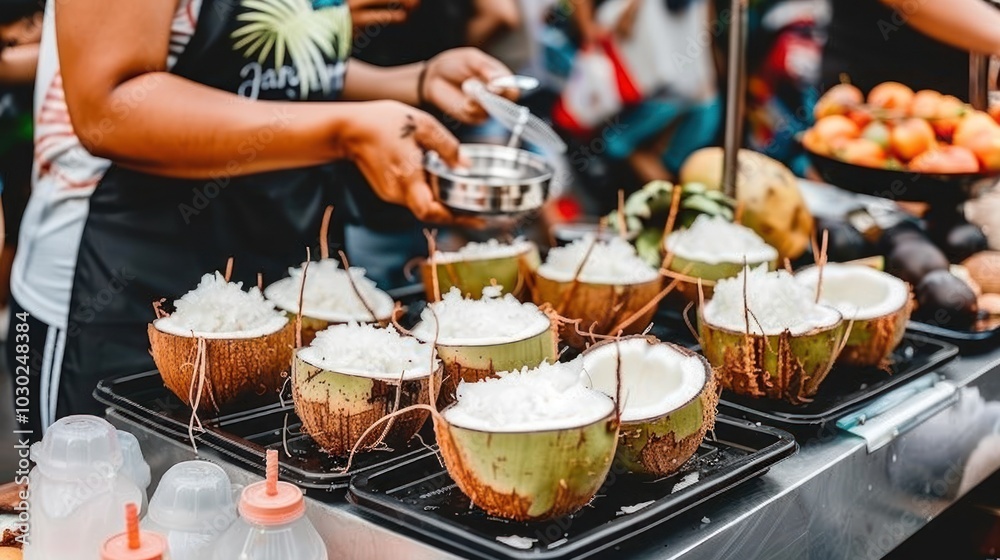 Freshly Opened Coconuts for Sale at a Market Stall Freshly Opened Coconuts for Sale at a Market Stall