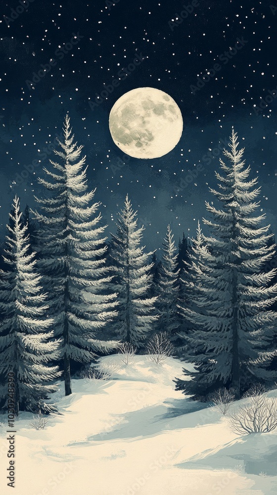 Naklejka premium Moonlit Pines, Evergreen trees