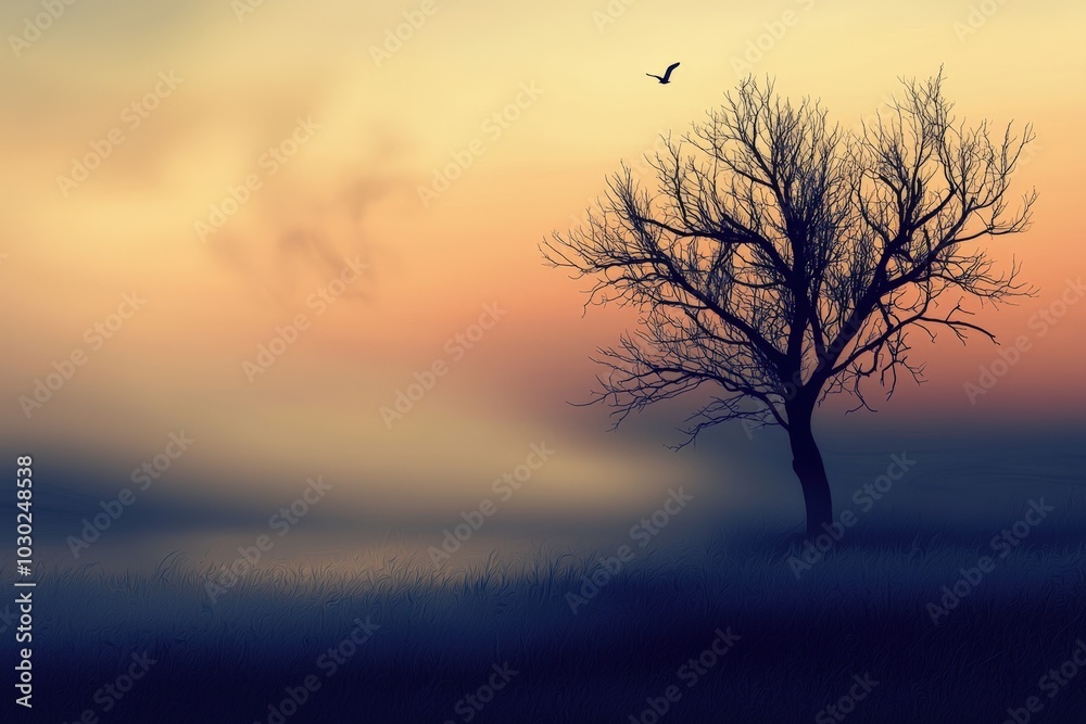 A solitary tree silhouetted against the colorful sky at dawn with a bird in flight A solitary tree silhouetted against the colorful sky at dawn with a bird in flight
