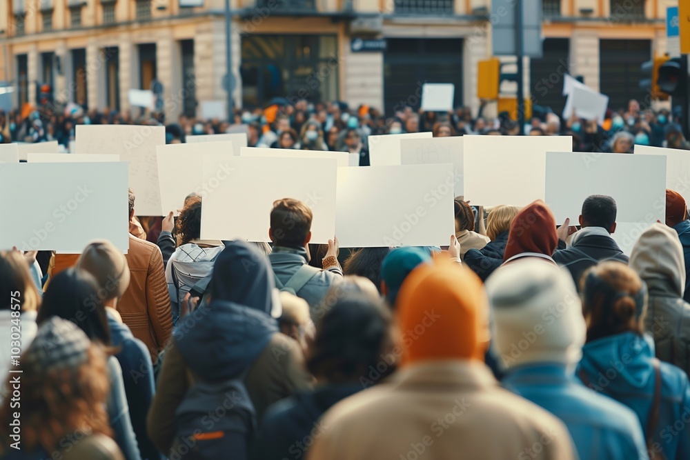 A large group of people protests, each holding white placards, gathering in a bustling city street, united in their cause A large group of people protests, each holding white placards, gathering in a bustling city street, united in their cause