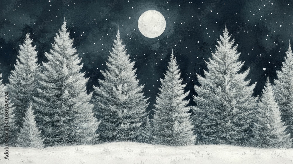 Naklejka premium Moonlit Pines, Evergreen trees
