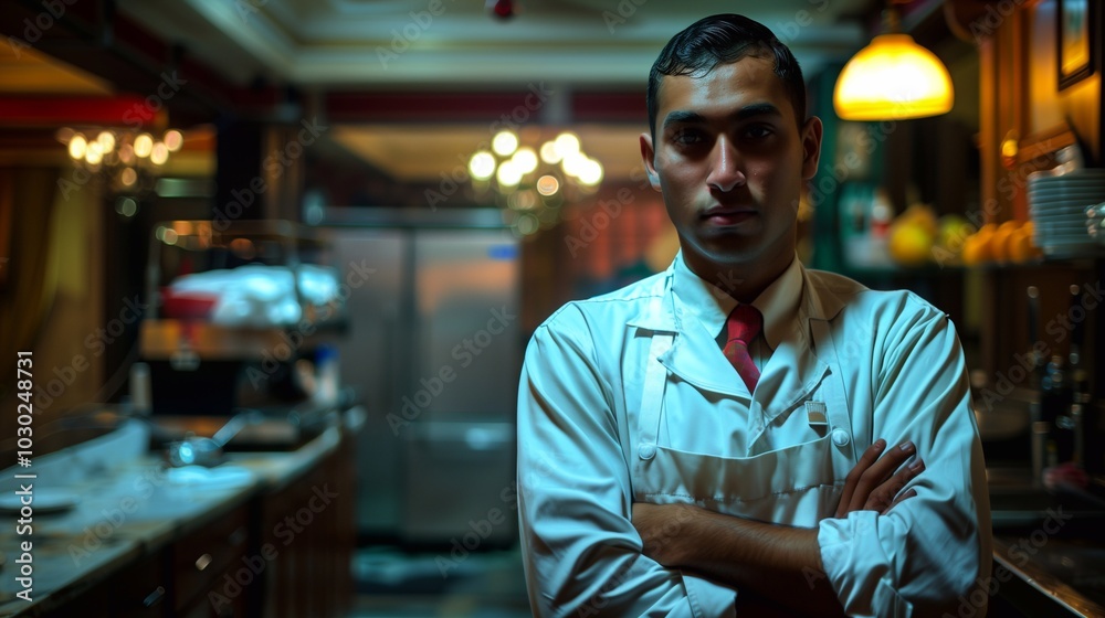 A hotel worker stands with arms crossed in a stylish kitchen, exemplifying readiness and professionalism during a busy service A hotel worker stands with arms crossed in a stylish kitchen, exemplifying readiness and professionalism during a busy service