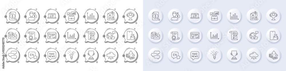 Accounting report, Outsource work and Business portfolio line icons. White pin 3d buttons, chat bubbles icons. Pack of Dot plot, Search, Fake news icon. Vector Accounting report, Outsource work and Business portfolio line icons. White pin 3d buttons, chat bubbles icons. Pack of Dot plot, Search, Fake news icon. Vector