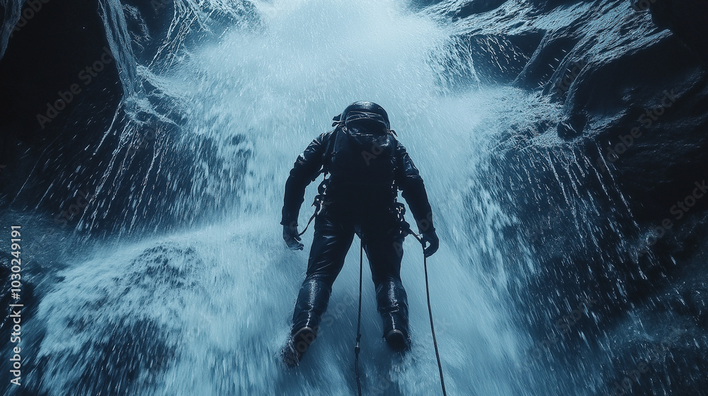 Obraz premium Exciting canyoneering adventure, rappelling down waterfall