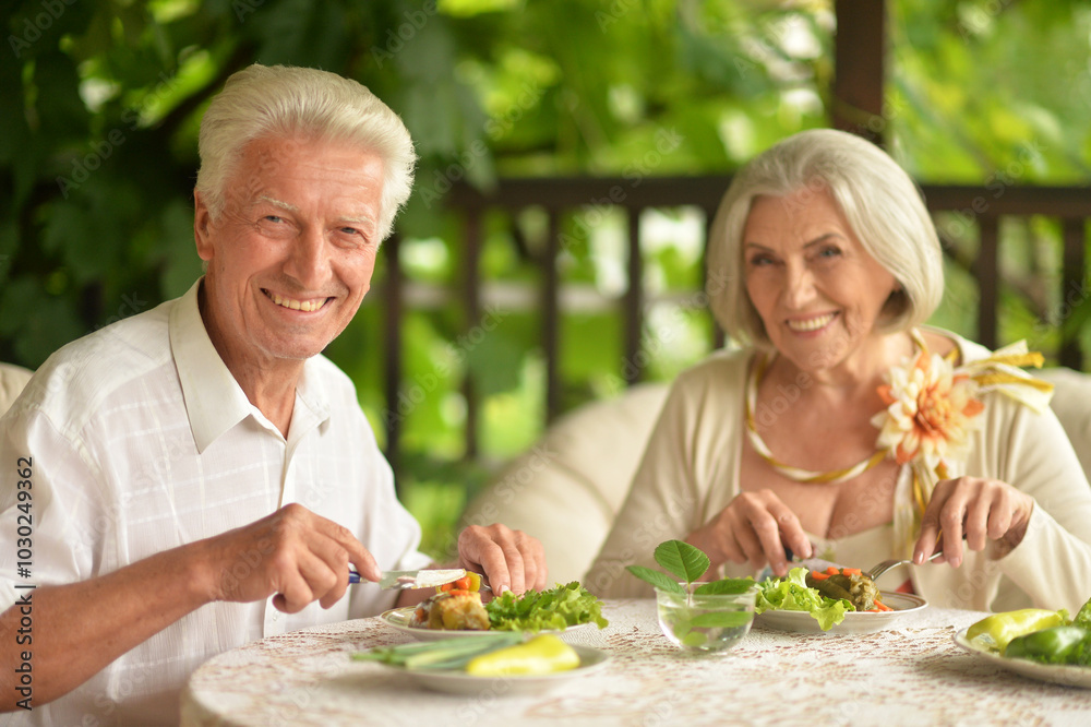 Happy senior couple having diner and posing at home Happy senior couple having diner and posing at home