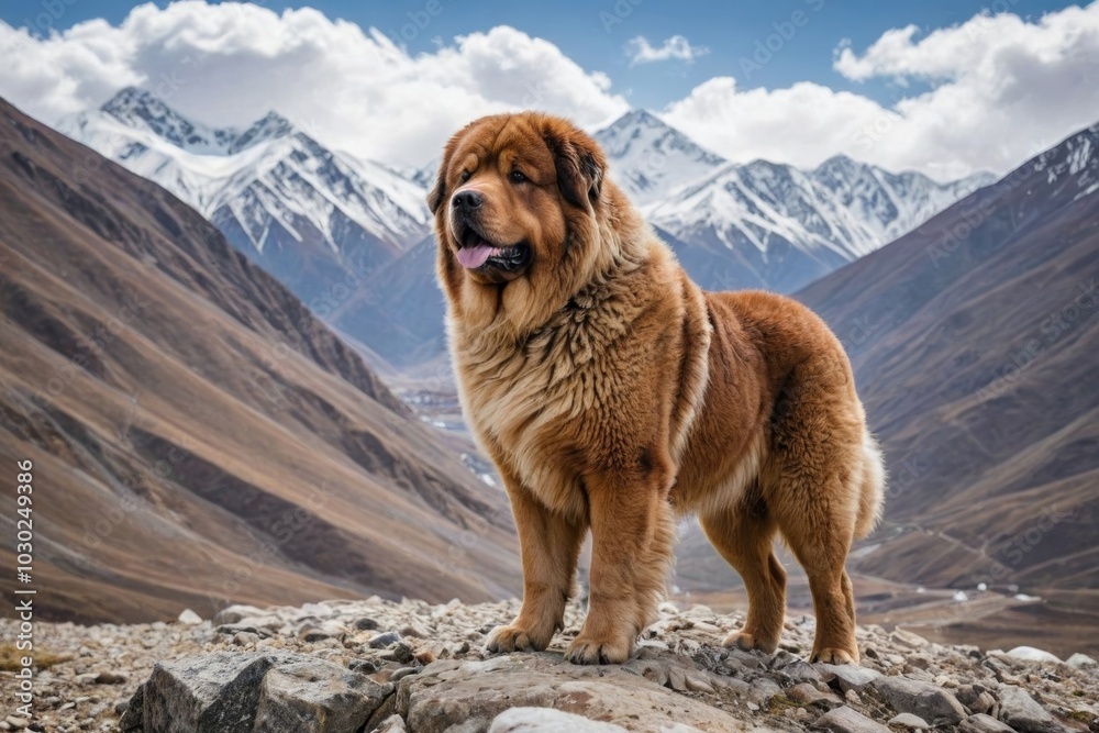 Tibetan Mastiff standing in a mountainous landscape Tibetan Mastiff standing in a mountainous landscape