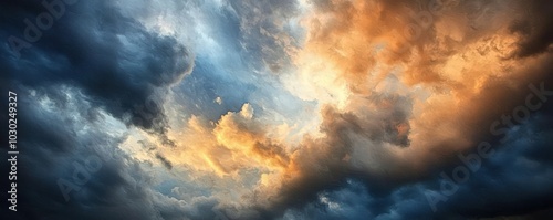 Dramatic sky scenes blend warm and cool tones in an abstract cloud pattern.