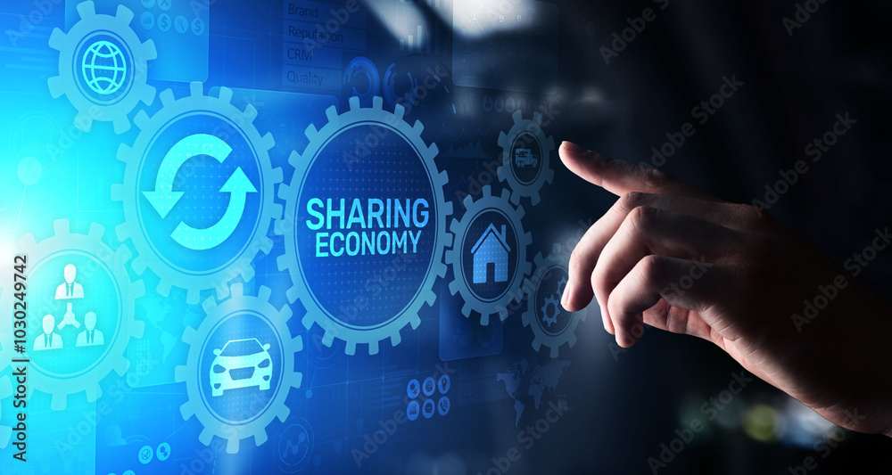 Sharing economy, innovation and future business technology concept on virtual screen. Sharing economy, innovation and future business technology concept on virtual screen.