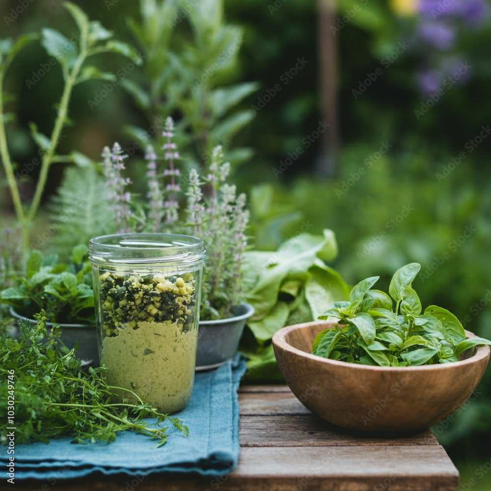 A serene view of potted herbs like basil and rosemary, combined with natural ingredients, promoting a fresh and sustainable lifestyle in gardening and cooking A serene view of potted herbs like basil and rosemary, combined with natural ingredients, promoting a fresh and sustainable lifestyle in gardening and cooking