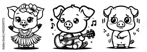 black and white vector collection of cartoon pigs  expressions 