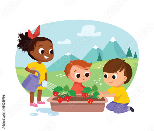 Children planting strawberry. Group of kids growing plants. Green environment. Nature background. Flat landscape with mountains and green lawns.