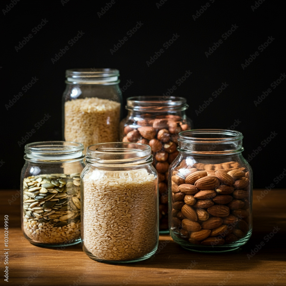 A collection of glass jars filled with grains, seeds, and nuts, displayed on a wooden surface against a dark background, emphasizing healthy and organic food storage
