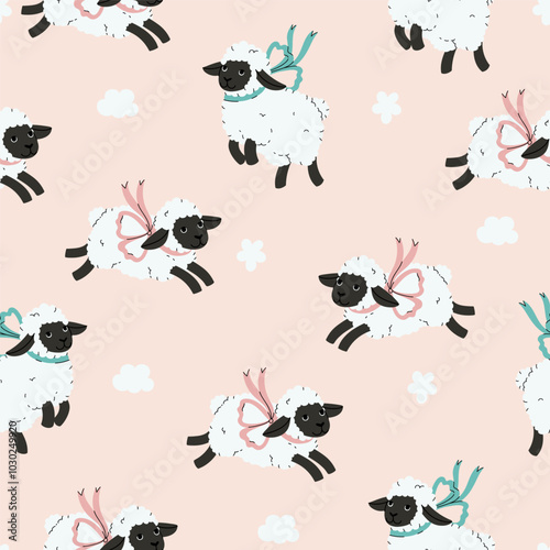Seamless pattern with cute jumping sheep with black muzzles and bows on their necks. Vector graphics.