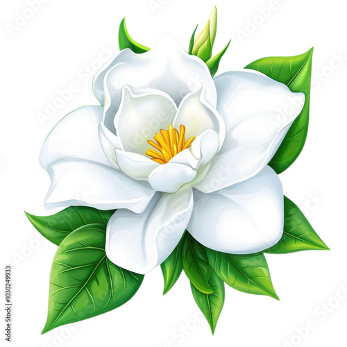 Elegant Gardenia Flower with Lush Green Leaves on Transparent Background