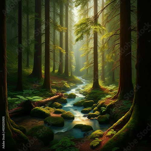 A sunlit forest with tall t...
