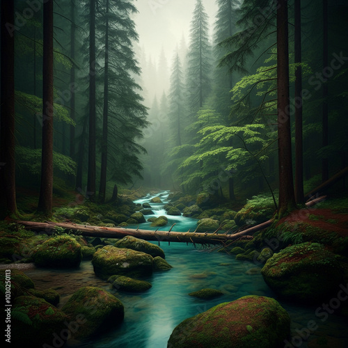 A misty forest landscape wi...