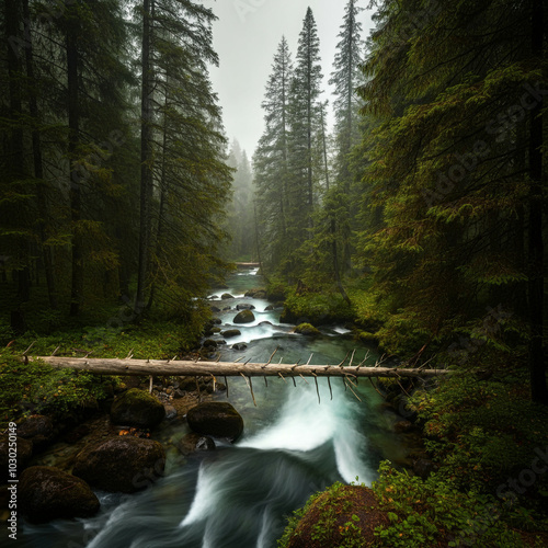 A serene forest scene with ...