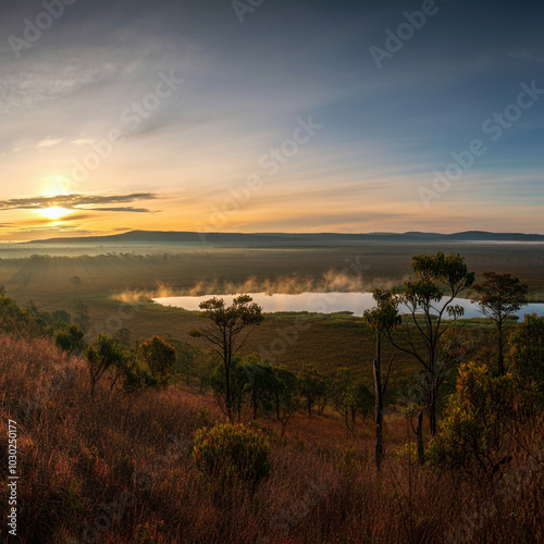 A breathtaking sunrise over a wetland, with soft mist rising from the water and trees silhouetted against the glowing sky photo