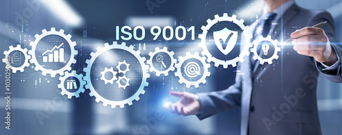 ISO 9001 Standard certification standardisation quality control concept on screen.